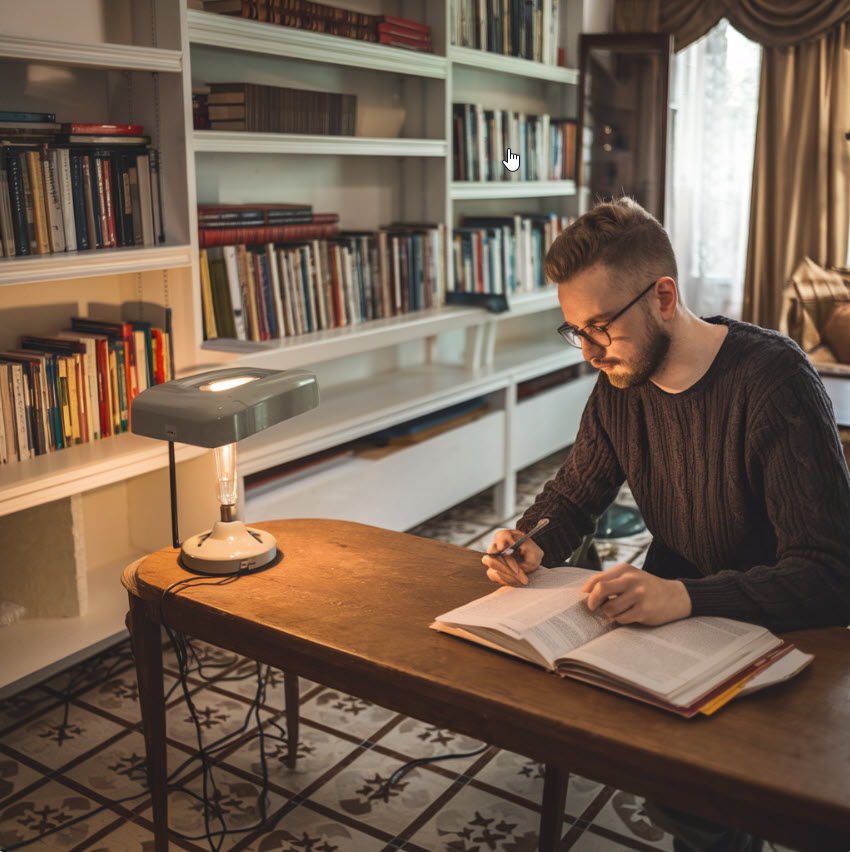 Male inside a libary conducting research